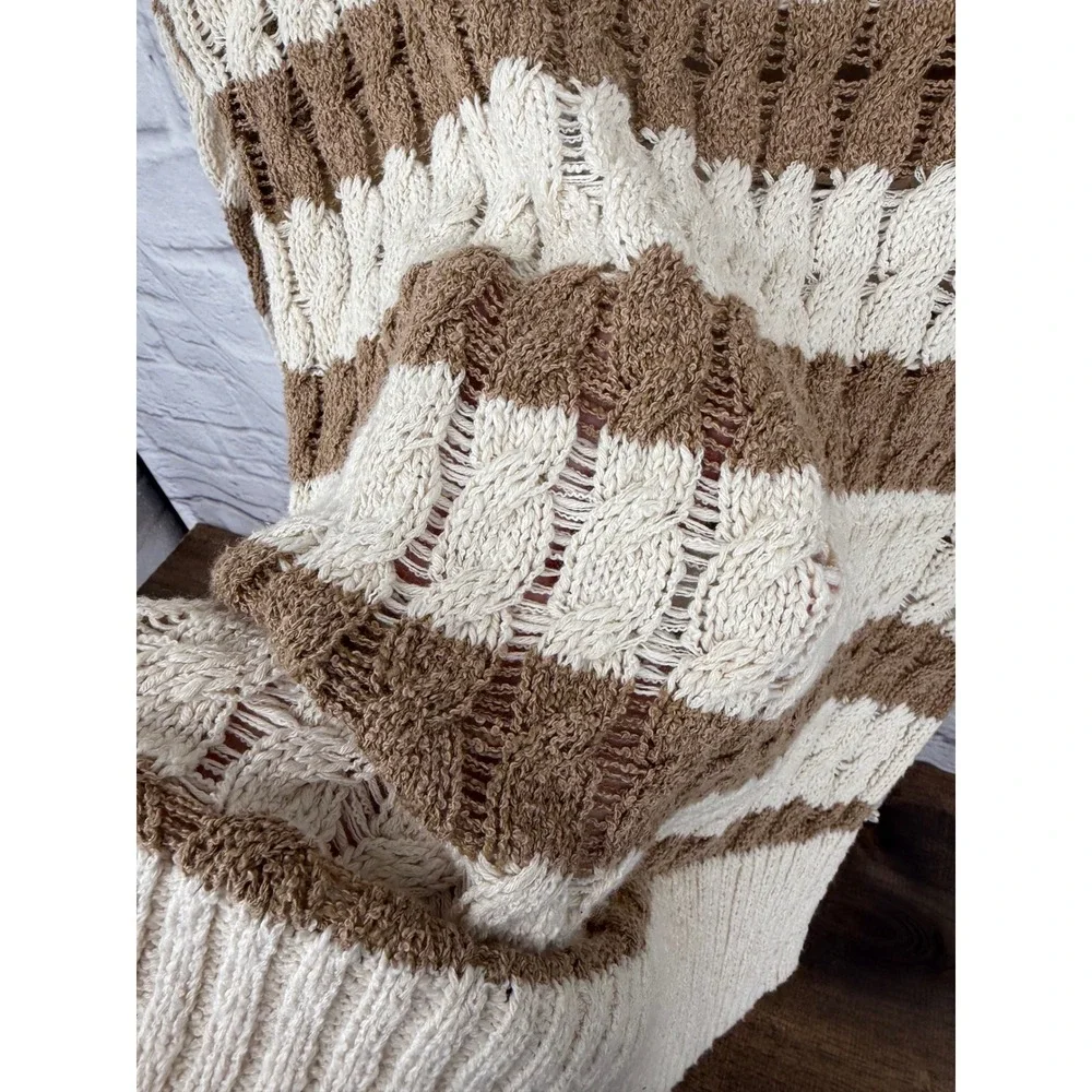 Pilcro Anthropologie Womens XXS Striped‎ Cable Open Knit Pullover Sweater Brown